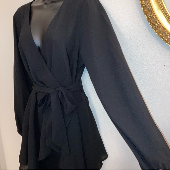 NEW Formal Black Bow Faux Wrap Long Sleeve Sexy Fit Flare Spring Cocktail Dress - Picture 11 of 17